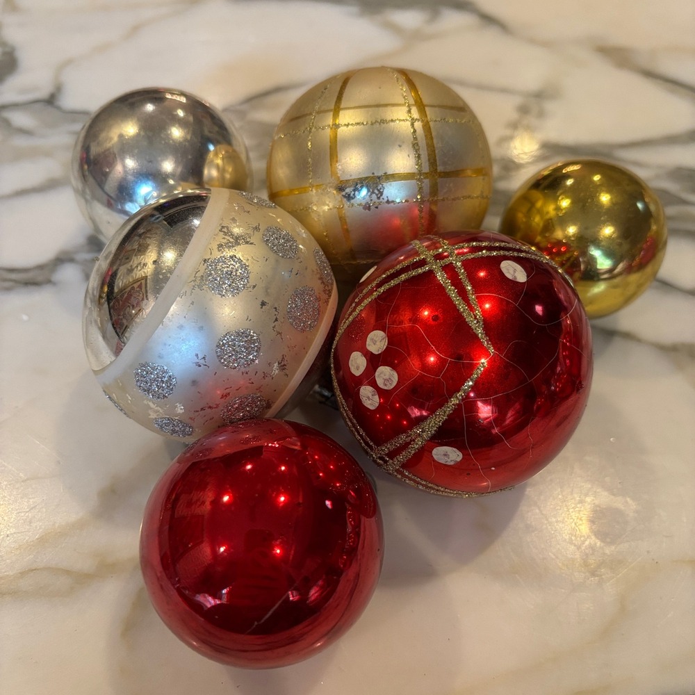 Assorted Vintage MCM Glass Ball Christmas Ornaments Red Gold Silver Set 6pc